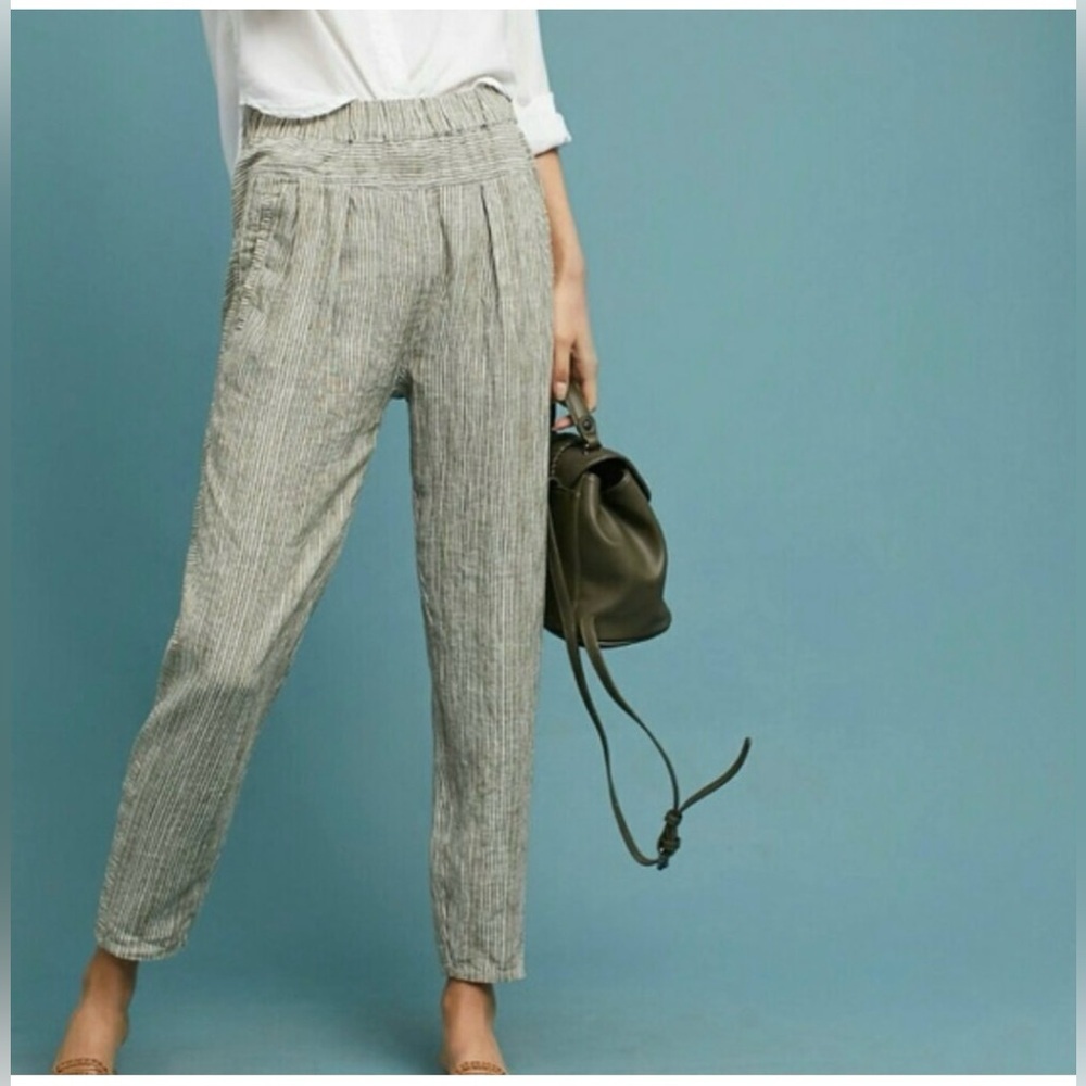 Anthropologie Hei Hei Striped Linen Pull-On Cropped Pants White Grey Size L